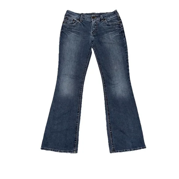 Silver Jeans Suki Womens 31x32 Blue Low Mid Rise Bootcut Distress Whisker Jeans - Picture 2 of 7
